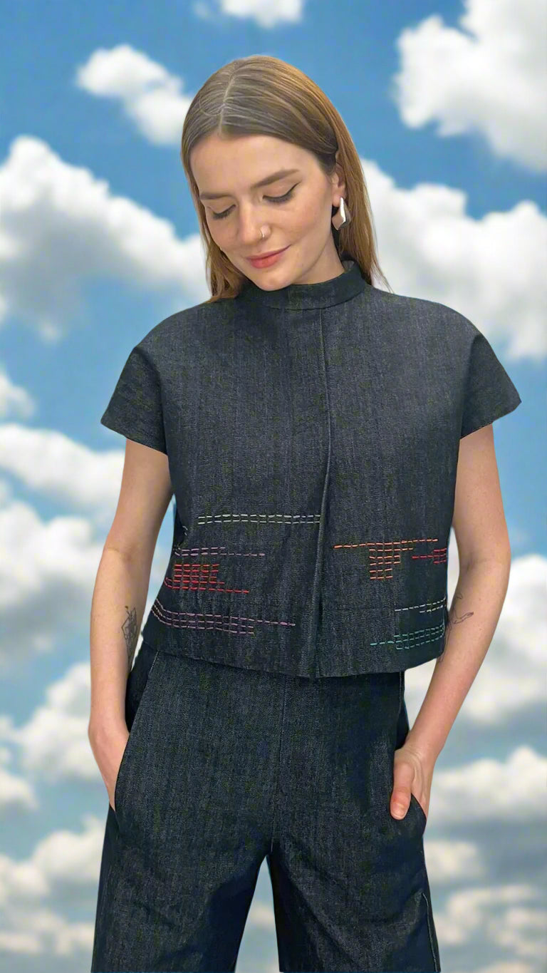 Denim Embroidered Crop Top
