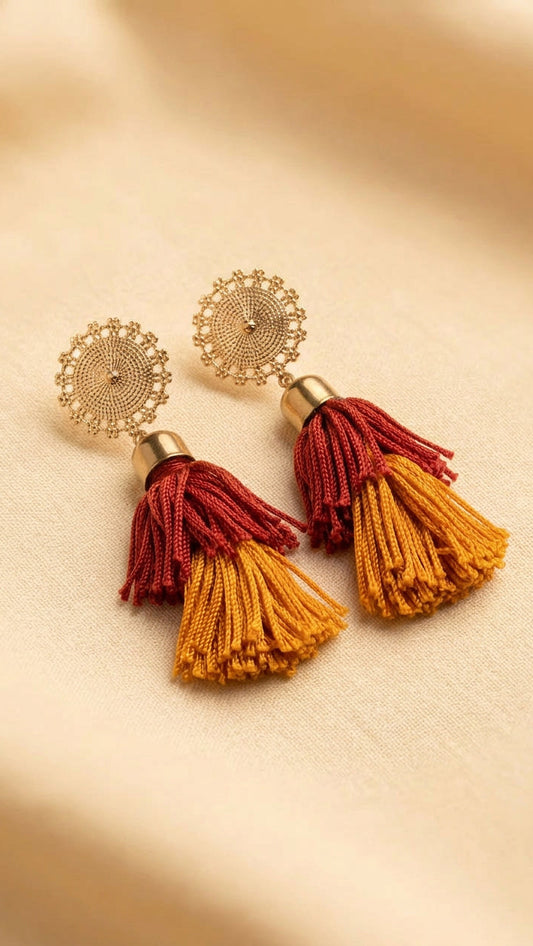 Sri double tassel earrings in red and mango orange by Eve by Twilight