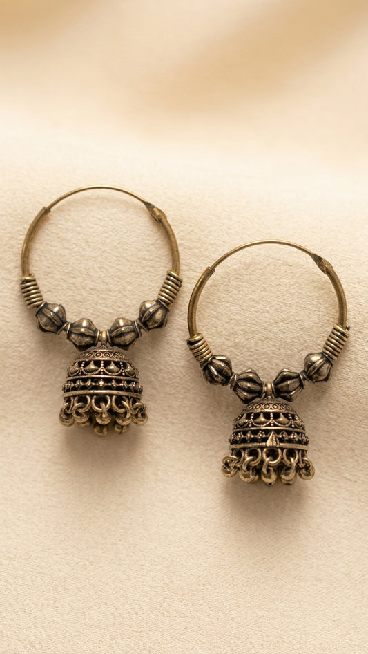 Mehar bell-hoop earrings in German silver by Eve by Twilight