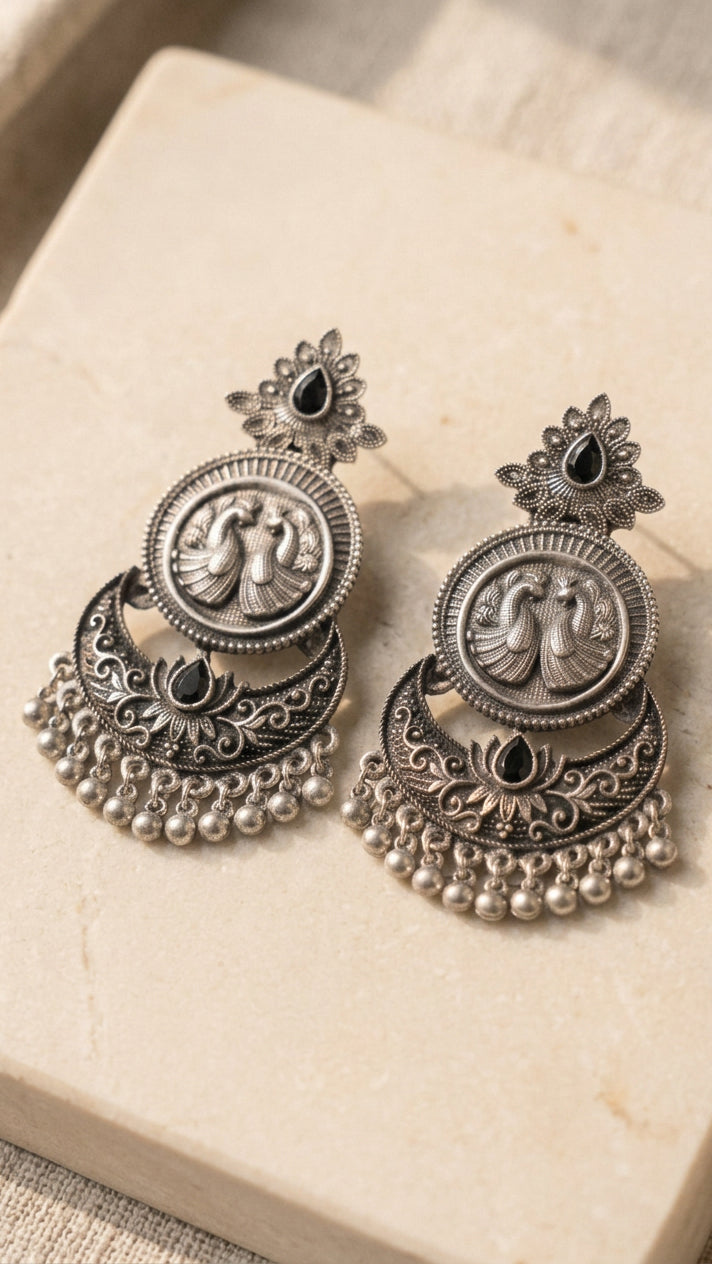 Om earrings in German silver with black stone by Eve by Twilight
