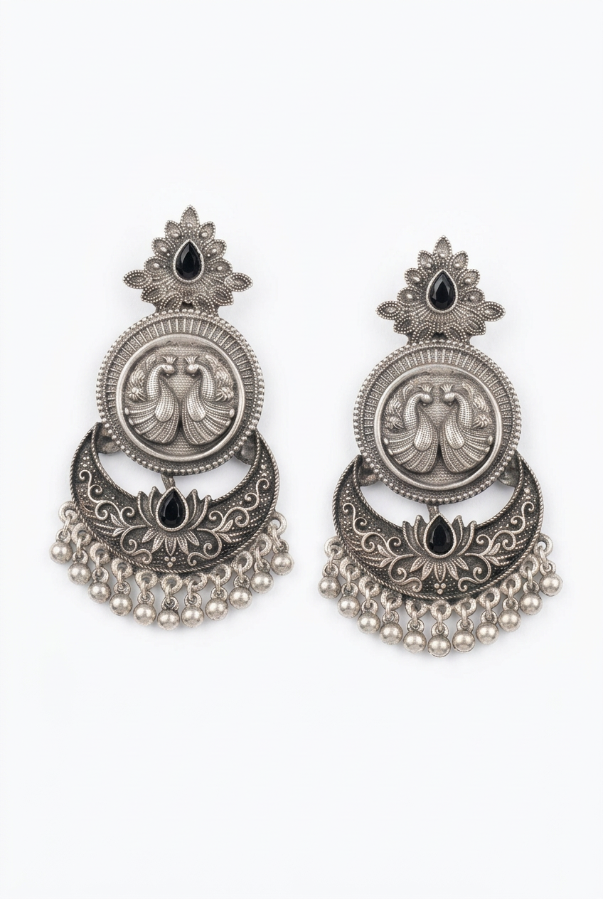Om earrings in German silver with black stone by Eve by Twilight