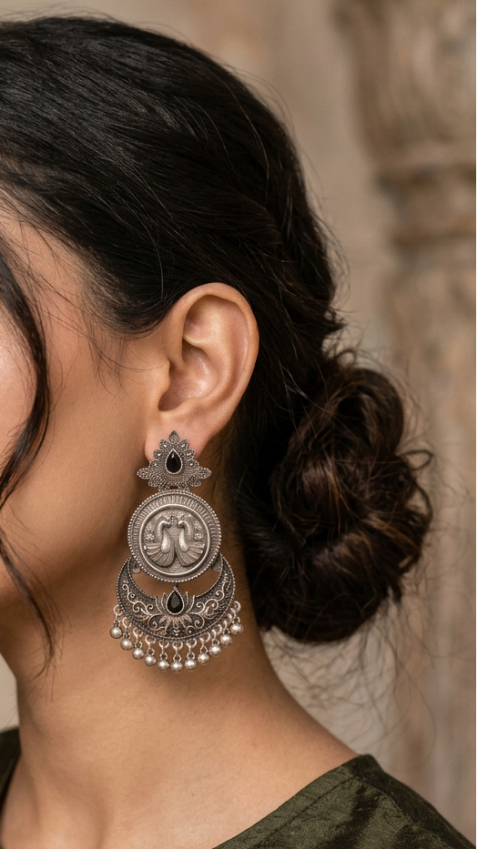 Om earrings in German silver with black stone by Eve by Twilight